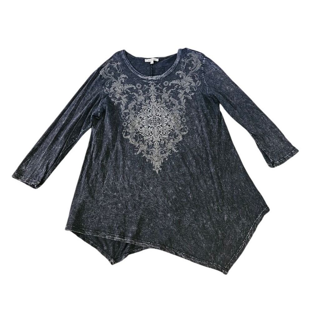 Jess & Jane Womens Large Black Mineral Wash Damask Sharkbite Tunic Top Artsy